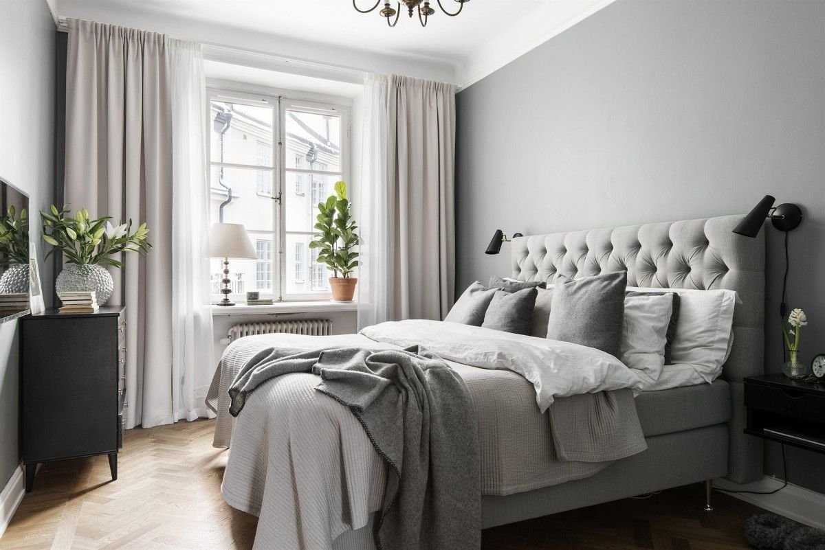 Дизайн спальни в серых тонах, цвете, розово-сером, серо-белом, серо-голубая, серые обои 2019