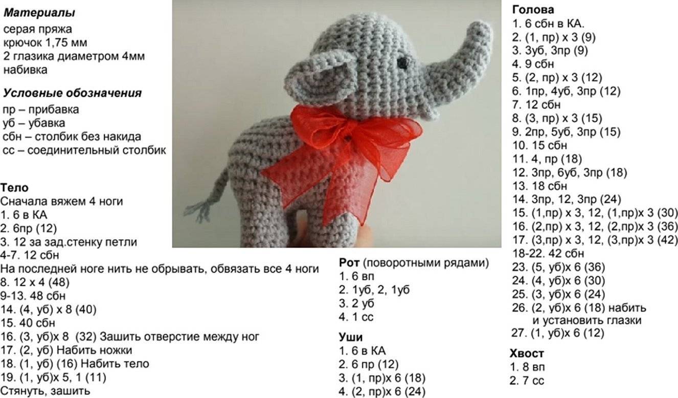 Вязаный игрушечный слоник крючком — схемы с описанием