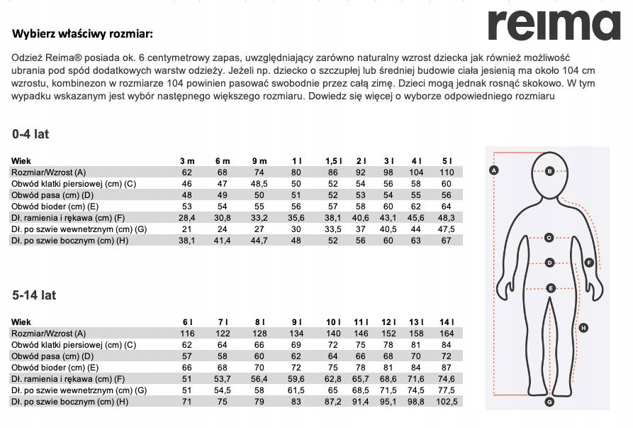 Размерная сетка детской одежды и обуви reima — таблицы размеров